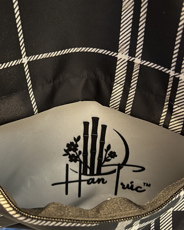 Backpack with Custom Black Cream Plaid with Subtle Bamboo Design