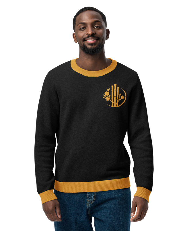 Unisex combination black gold knitted crew neck sweater with HanTrúc logo