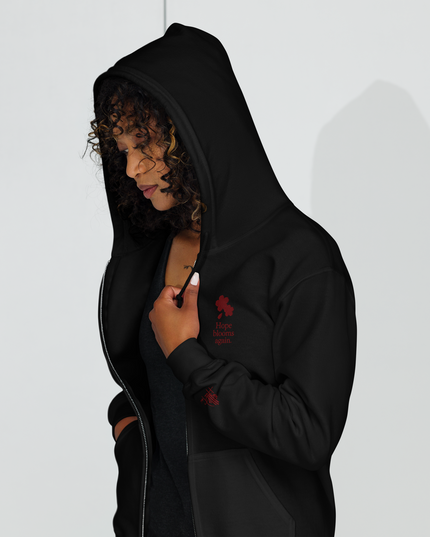 Unisex heavy blend zip hoodie with embroidered theme: Hope Blooms Again