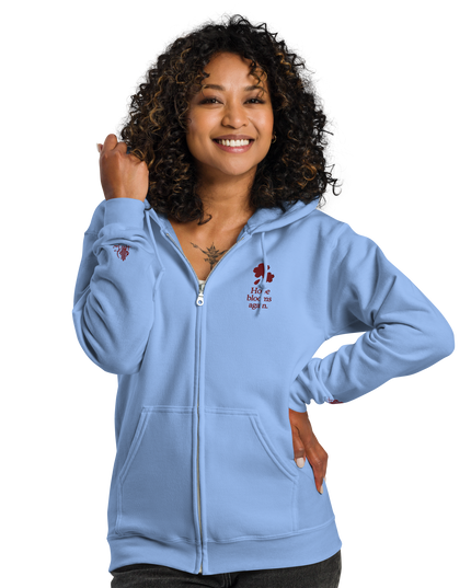 Unisex heavy blend zip hoodie with embroidered theme: Hope Blooms Again