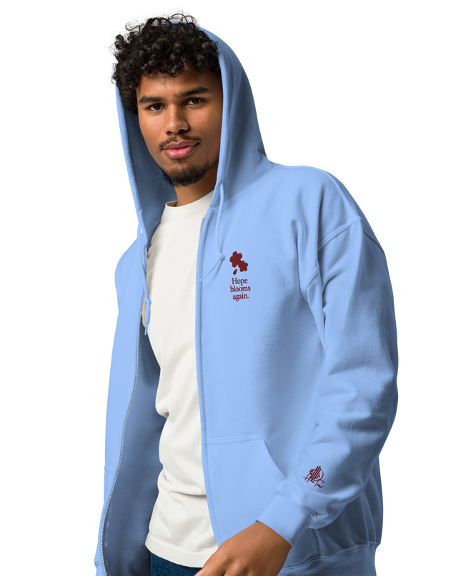Unisex heavy blend zip hoodie with embroidered theme: Hope Blooms Again