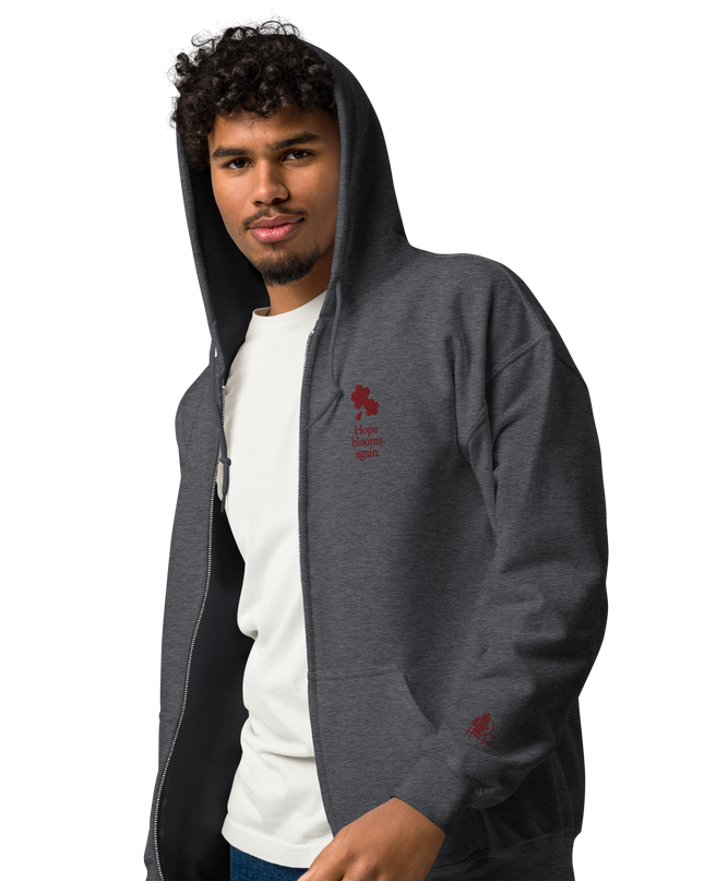 Unisex heavy blend zip hoodie with embroidered theme: Hope Blooms Again
