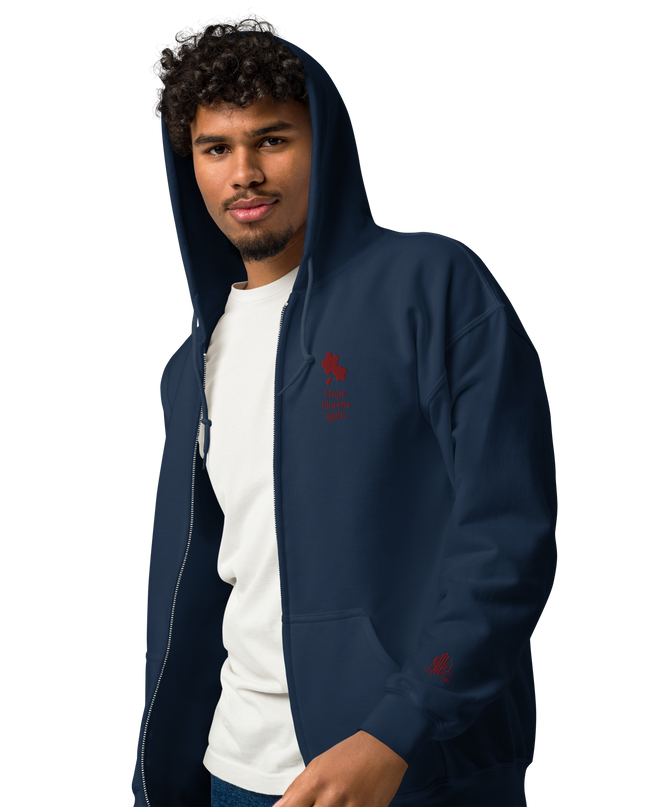 Unisex heavy blend zip hoodie with embroidered theme: Hope Blooms Again