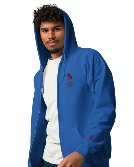 Unisex heavy blend zip hoodie with embroidered theme: Hope Blooms Again