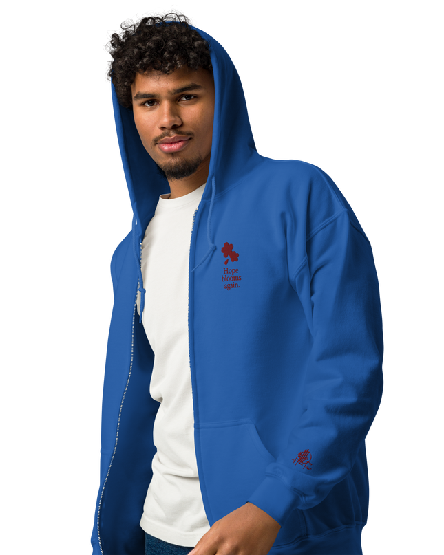 Unisex heavy blend zip hoodie with embroidered theme: Hope Blooms Again