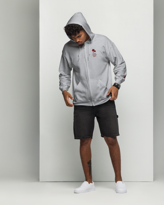 Unisex heavy blend zip hoodie with embroidered theme: Hope Blooms Again