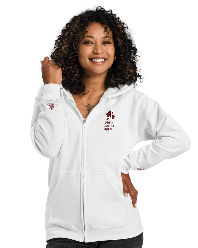 Unisex heavy blend zip hoodie with embroidered theme: Hope Blooms Again