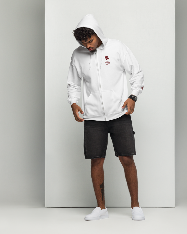 Unisex heavy blend zip hoodie with embroidered theme: Hope Blooms Again