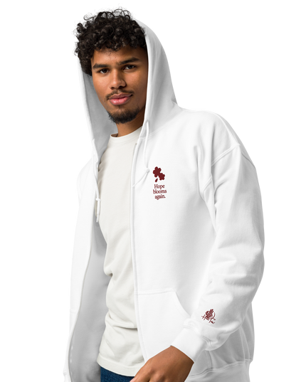 Unisex heavy blend zip hoodie with embroidered theme: Hope Blooms Again
