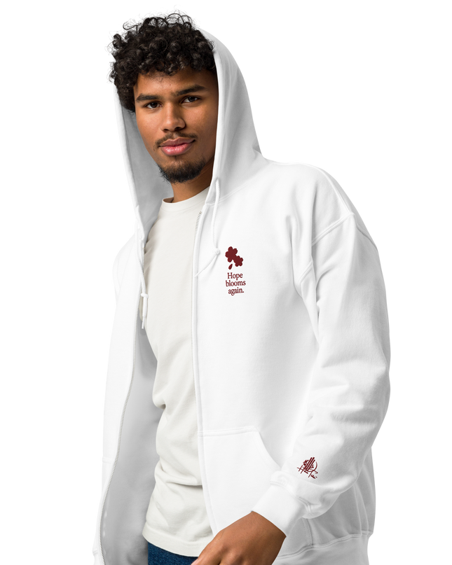 Unisex heavy blend zip hoodie with embroidered theme: Hope Blooms Again